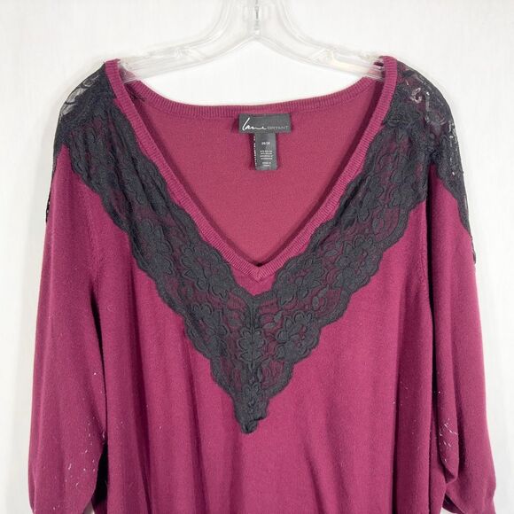 Lane Bryant Plus Size 26 28‎ Top Knit Burgundy Black Lace Sweater V Neck 639 - Picture 6 of 10